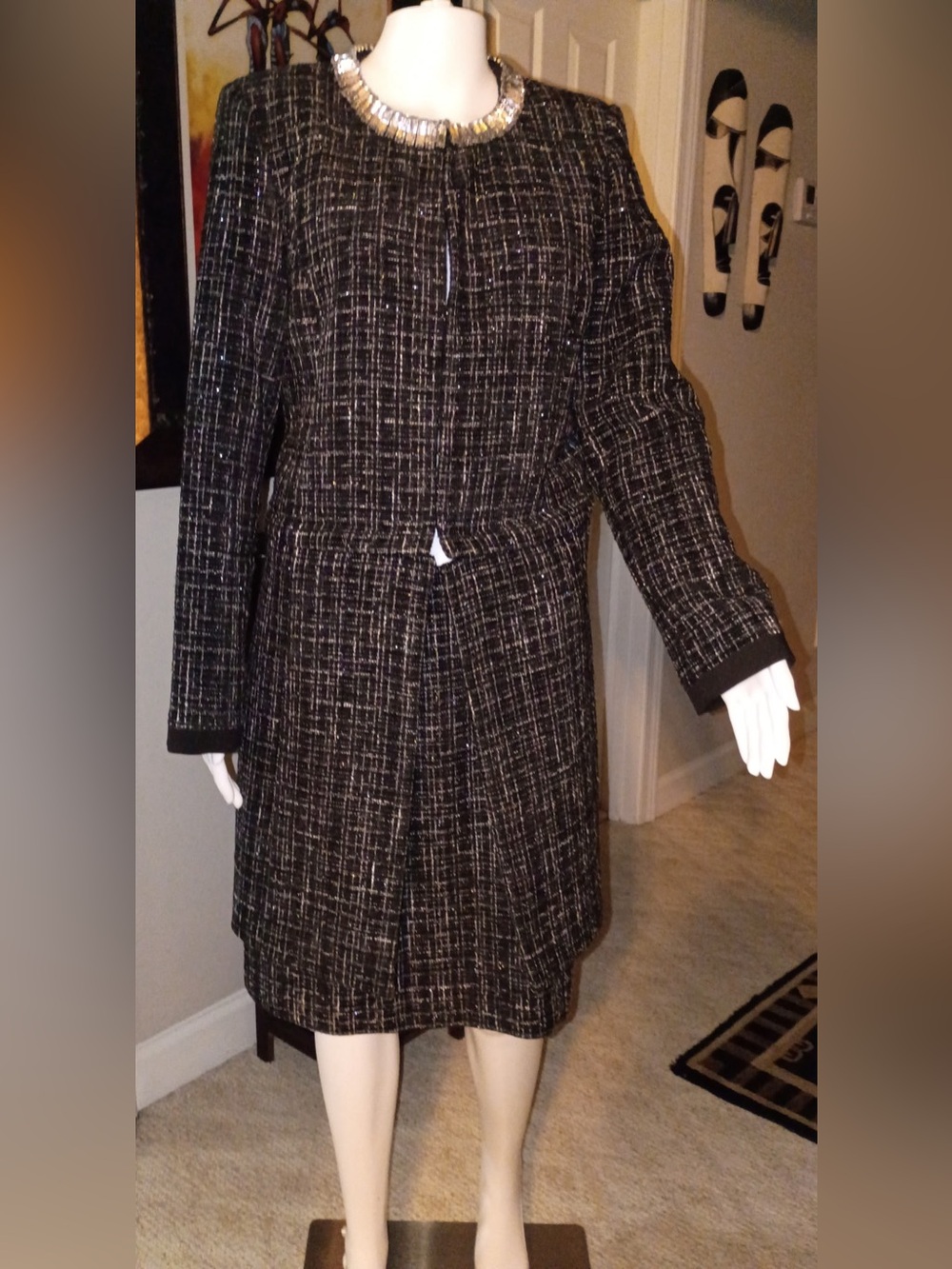 Karl Lagerfeld Black Tweed Pencil Skirt, 2pc jacket set, Crystal Button